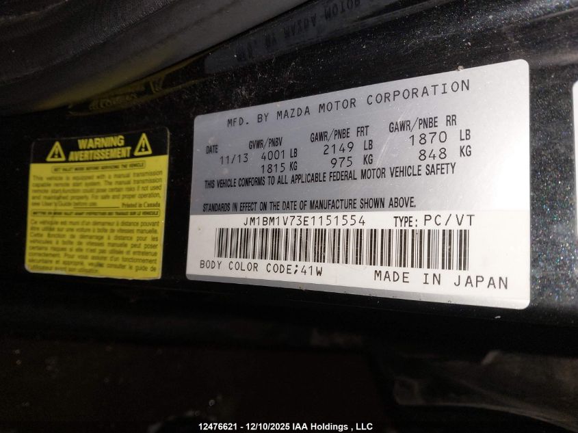 2014 Mazda Mazda3 Gs-Sky VIN: JM1BM1V73E1151554 Lot: 12476621X