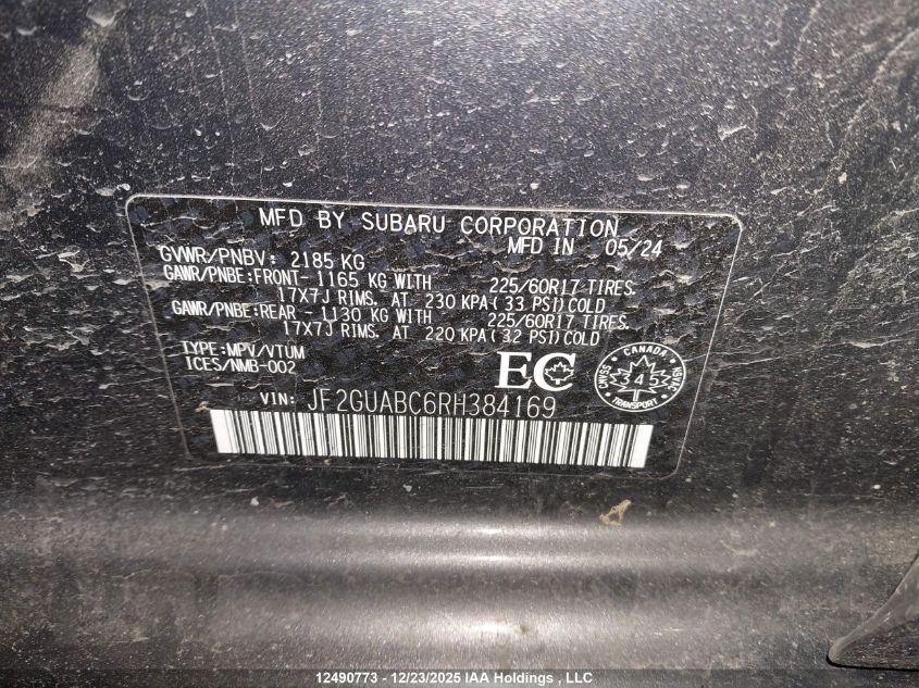 2024 Subaru Crosstrek Convenience VIN: JF2GUABC6RH384169 Lot: 12490773