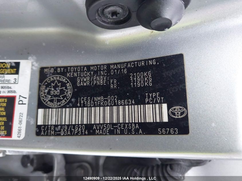 2016 Toyota Camry Hybrid Se VIN: 4T1BD1FK0GU186634 Lot: 12490909