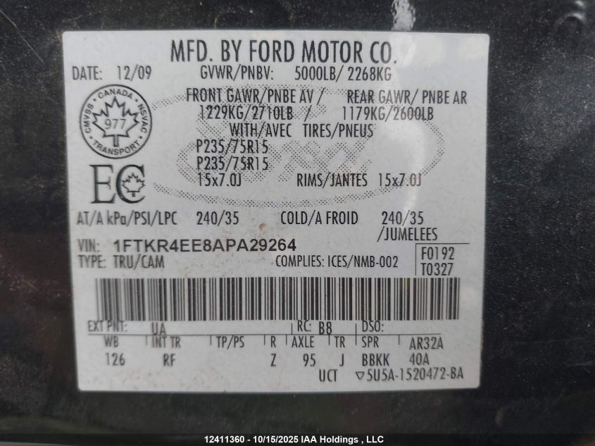 2010 Ford Ranger Sport/Xl/Xlt VIN: 1FTKR4EE8APA29264 Lot: 12411360X