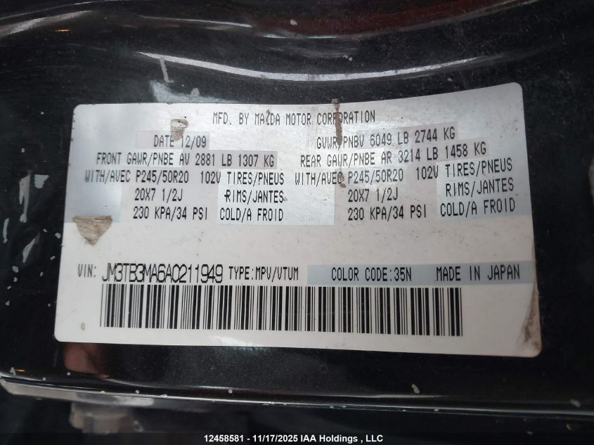 2010 Mazda Cx-9 Gs/Gt VIN: JM3TB3MA6A0211949 Lot: 12458581X