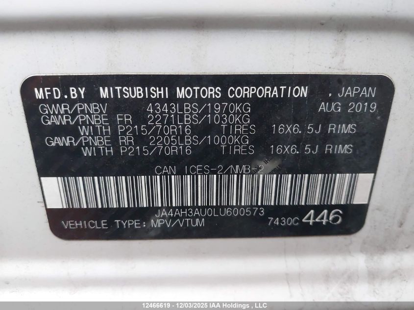 2020 Mitsubishi Rvr Es/Se VIN: JA4AH3AU0LU600573 Lot: 12466619X