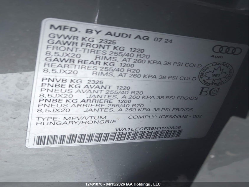 2024 Audi Q3 VIN: WA1EECF39R1182809 Lot: 12491070