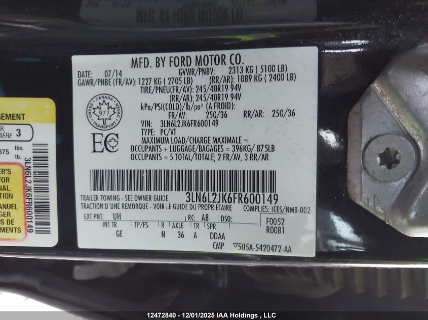 2015 Lincoln Mkz VIN: 3LN6L2JK6FR600149 Lot: 12472840X