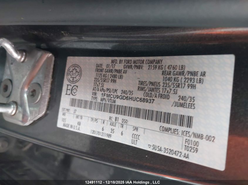 2017 Ford Escape Se VIN: 1FMCU9GD6HUC68937 Lot: 12491112
