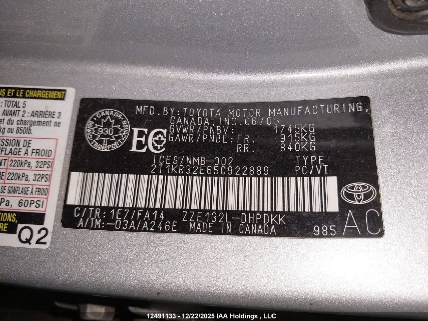 2005 Toyota Matrix Xr VIN: 2T1KR32E65C922889 Lot: 12491133