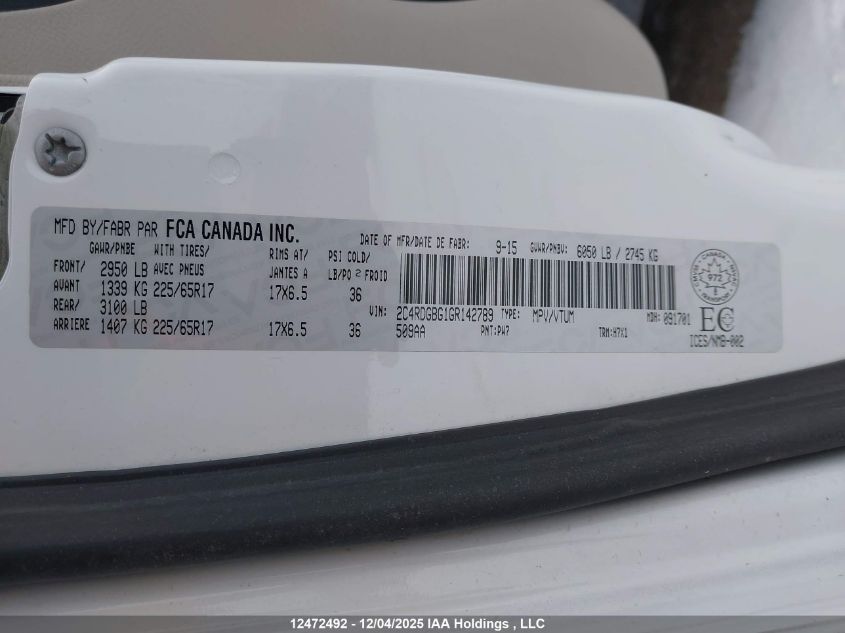 2016 Dodge Grand Caravan Se/Sxt VIN: 2C4RDGBG1GR142789 Lot: 12472492X