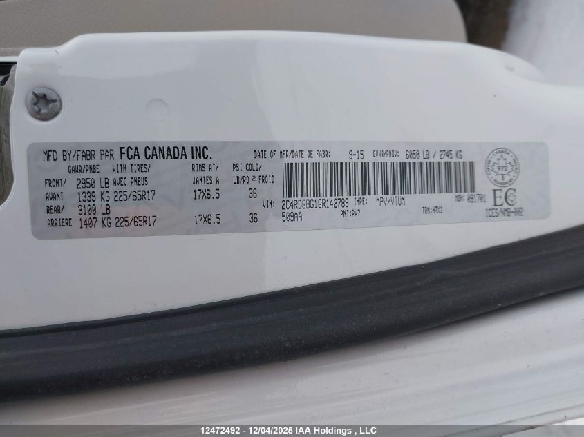 2016 Dodge Grand Caravan Se/Sxt VIN: 2C4RDGBG1GR142789 Lot: 12472492X