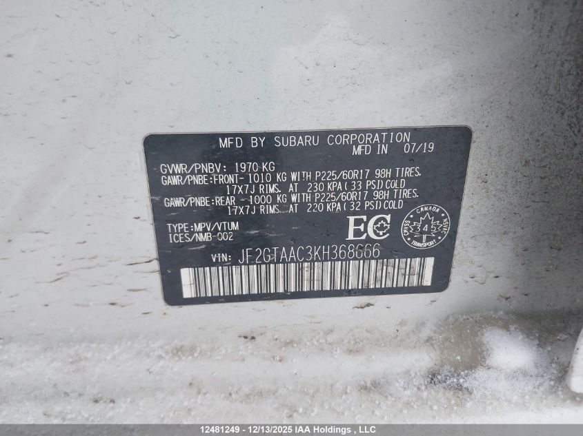 2019 Subaru Crosstrek Convenience VIN: JF2GTAAC3KH368666 Lot: 12481249X