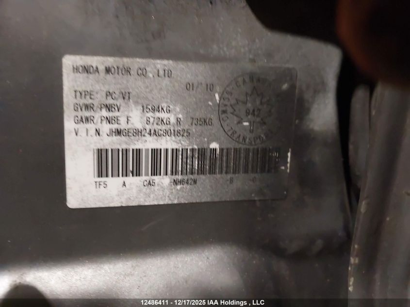 2010 Honda Fit Dx VIN: JHMGE8H24AC801825 Lot: 12486411X