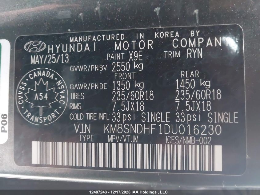 2013 Hyundai Santa Fe Xl Luxury VIN: KM8SNDHF1DU016230 Lot: 12487243X