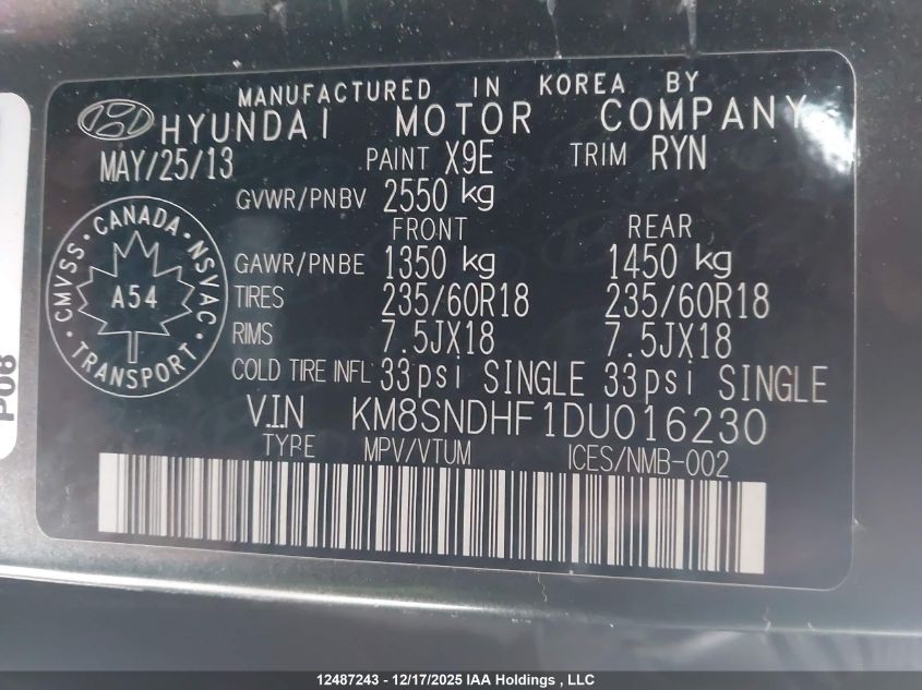 2013 Hyundai Santa Fe Xl Luxury VIN: KM8SNDHF1DU016230 Lot: 12487243X