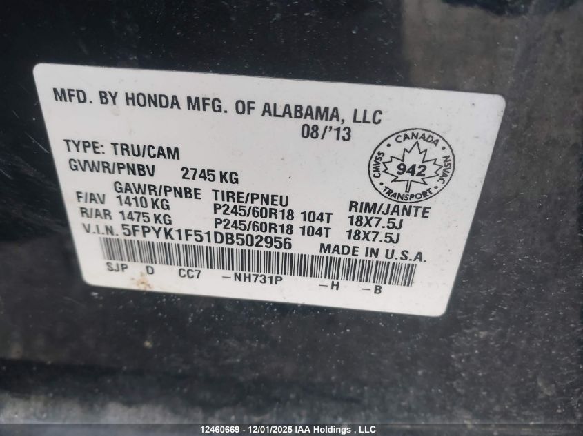 2013 Honda Ridgeline Touring VIN: 5FPYK1F51DB502956 Lot: 12460669X