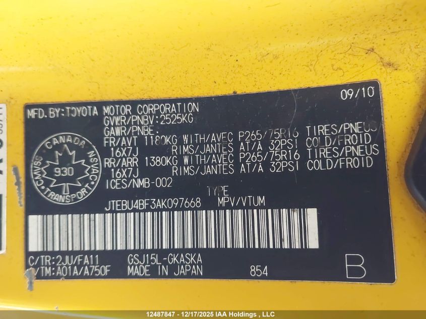 2010 Toyota Fj Cruiser VIN: JTEBU4BF3AK097668 Lot: 12487847X