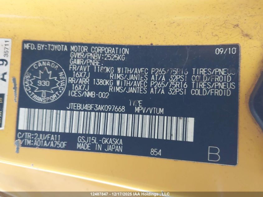 2010 Toyota Fj Cruiser VIN: JTEBU4BF3AK097668 Lot: 12487847X