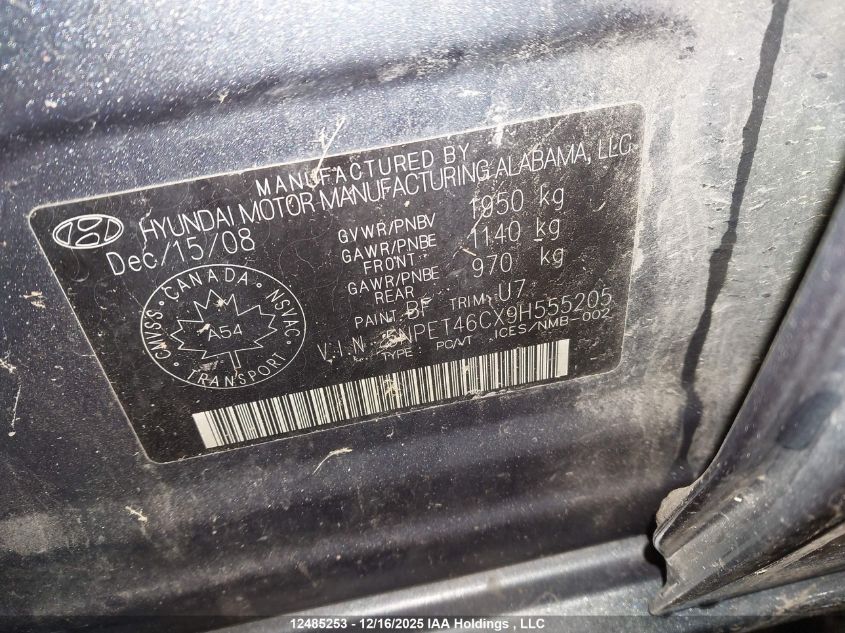 2009 Hyundai Sonata Gl/Gl Premium/Gl Sport/Limited VIN: 5NPET46CX9H555205 Lot: 12485253X
