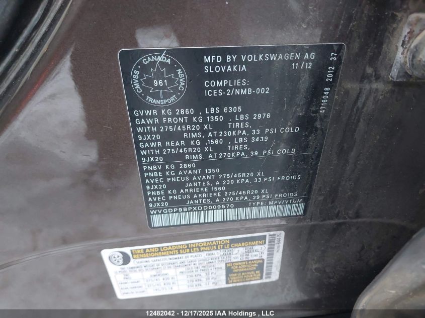 2013 Volkswagen Touareg 3.0 Tdi Comfortline/3.0 Tdi Highline VIN: WVGDP9BPXDD009570 Lot: 12482042X