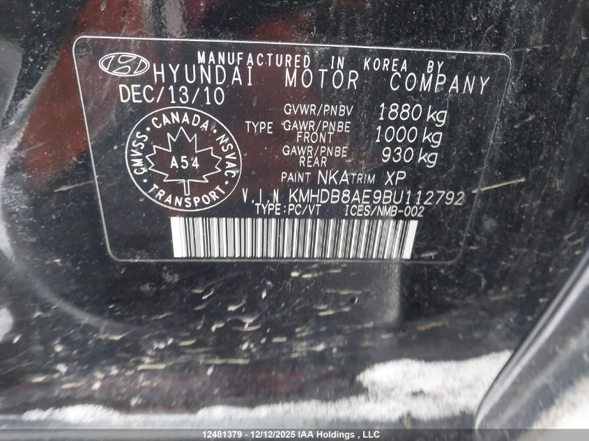 2011 Hyundai Elantra Touring Gl VIN: KMHDB8AE9BU112792 Lot: 12481379X