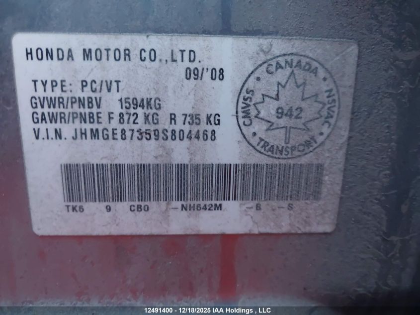 2009 Honda Fit Dx-A VIN: JHMGE87359S804468 Lot: 12491400