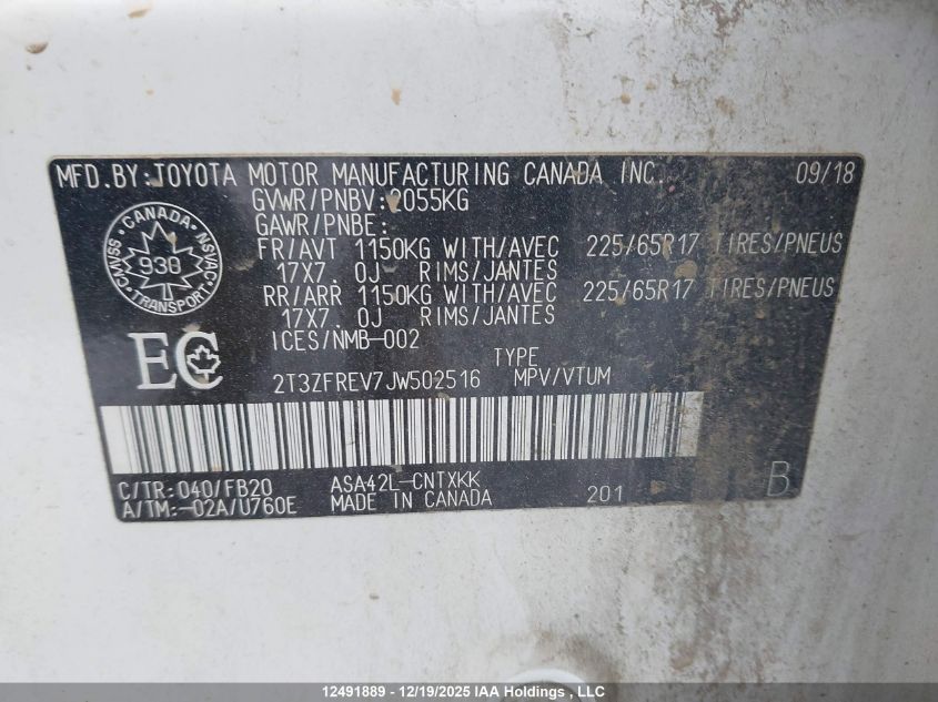 2018 Toyota Rav4 Le VIN: 2T3ZFREV7JW502516 Lot: 12491889