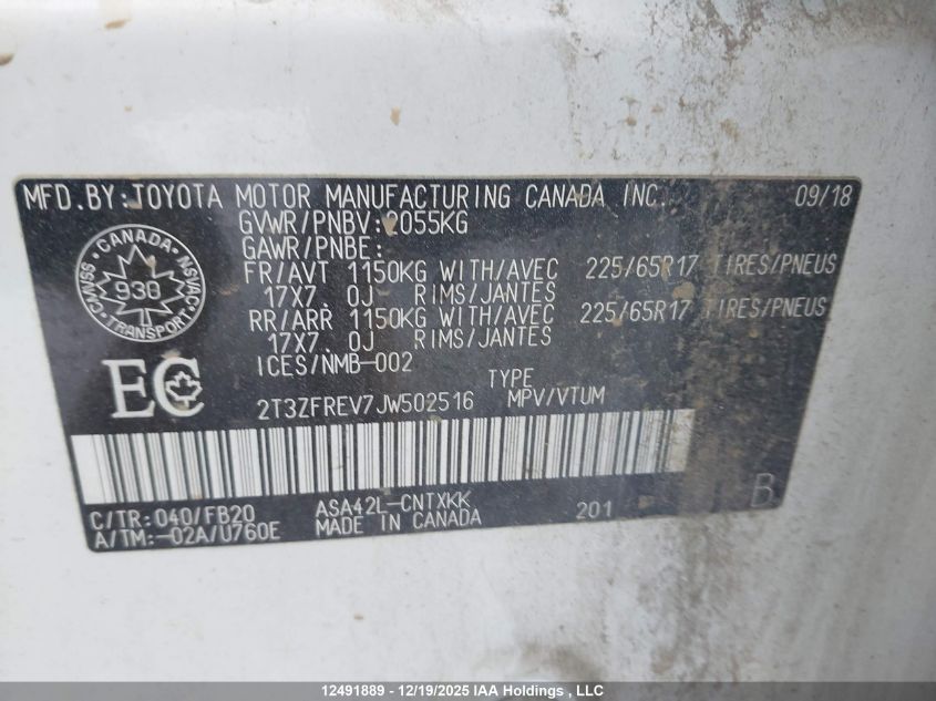 2018 Toyota Rav4 Le VIN: 2T3ZFREV7JW502516 Lot: 12491889