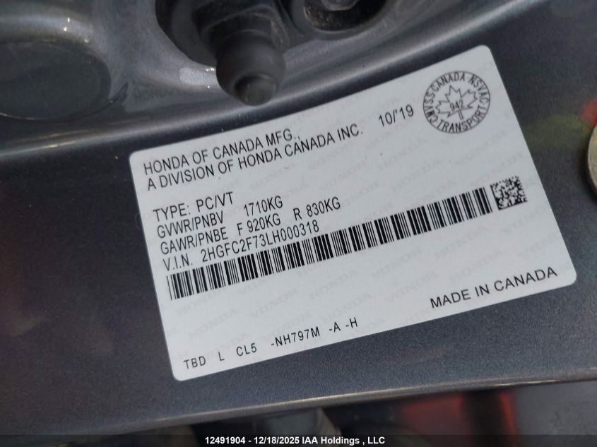 2020 Honda Civic Ex VIN: 2HGFC2F73LH000318 Lot: 12491904