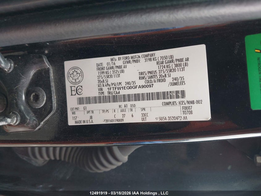 2016 Ford F-150 Xlt VIN: 1FTFW1EG0GFA90097 Lot: 12491919