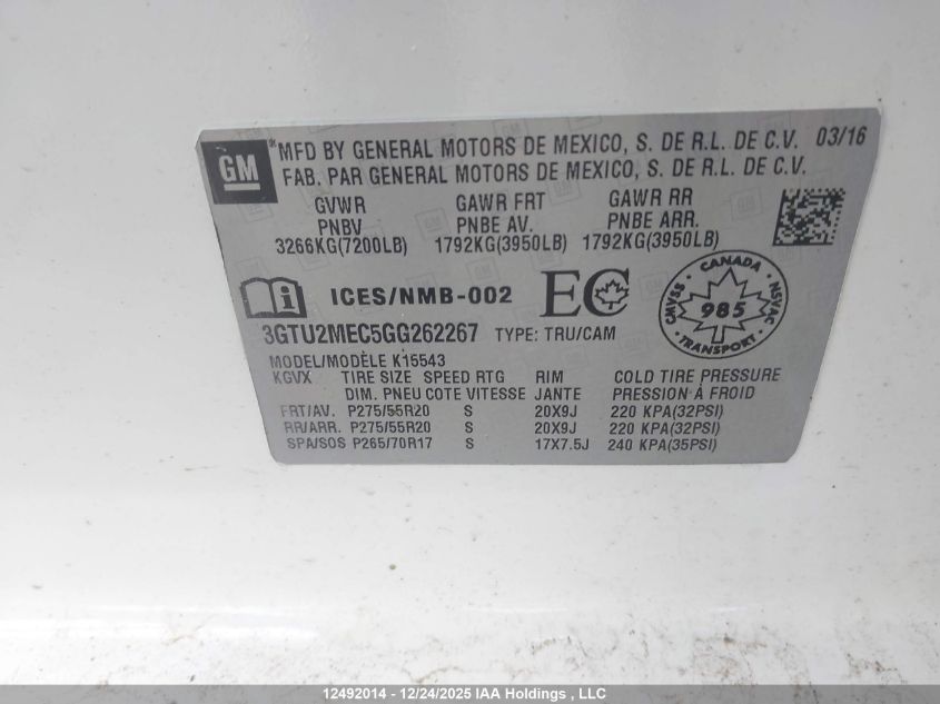 2016 GMC Sierra K1500 Sle VIN: 3GTU2MEC5GG262267 Lot: 12492014