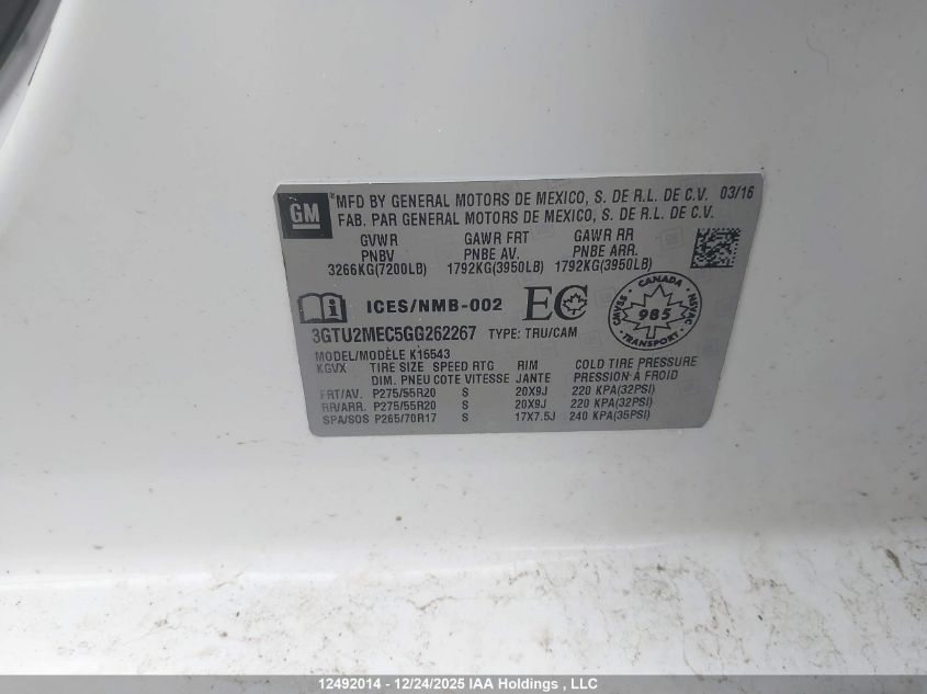 2016 GMC Sierra K1500 Sle VIN: 3GTU2MEC5GG262267 Lot: 12492014