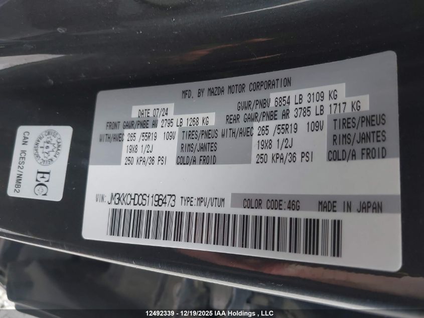 2025 Mazda Cx-90 Premium Sport VIN: JM3KKCHD0S1196473 Lot: 12492339