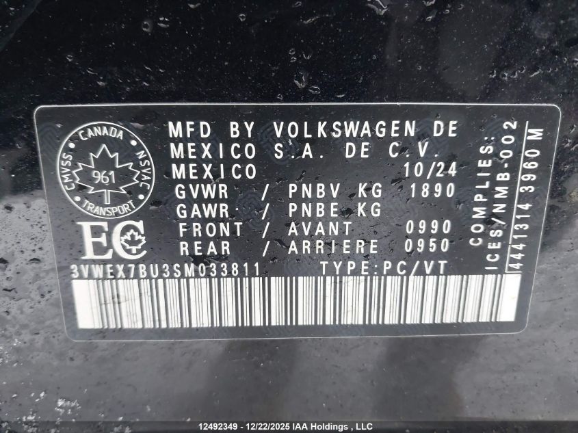 2025 Volkswagen Jetta Se VIN: 3VWEX7BU3SM033811 Lot: 12492349