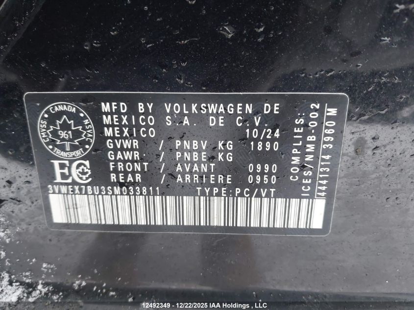 2025 Volkswagen Jetta Se VIN: 3VWEX7BU3SM033811 Lot: 12492349