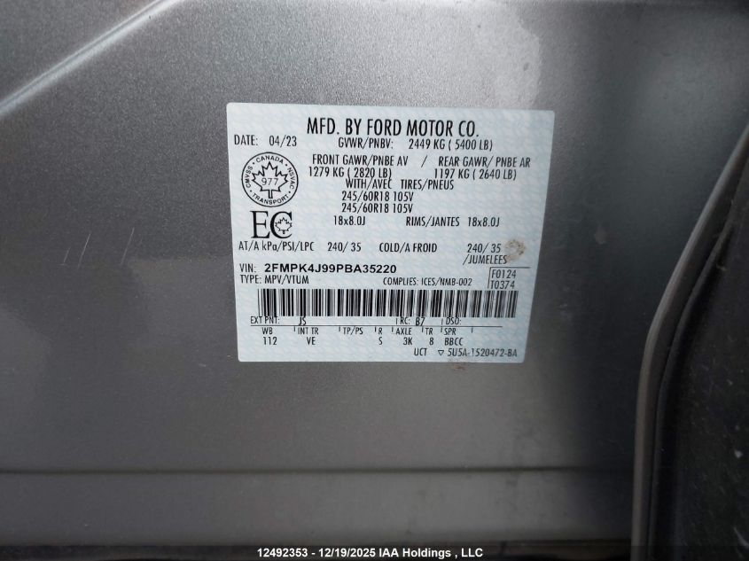 2023 Ford Edge Sel VIN: 2FMPK4J99PBA35220 Lot: 12492353