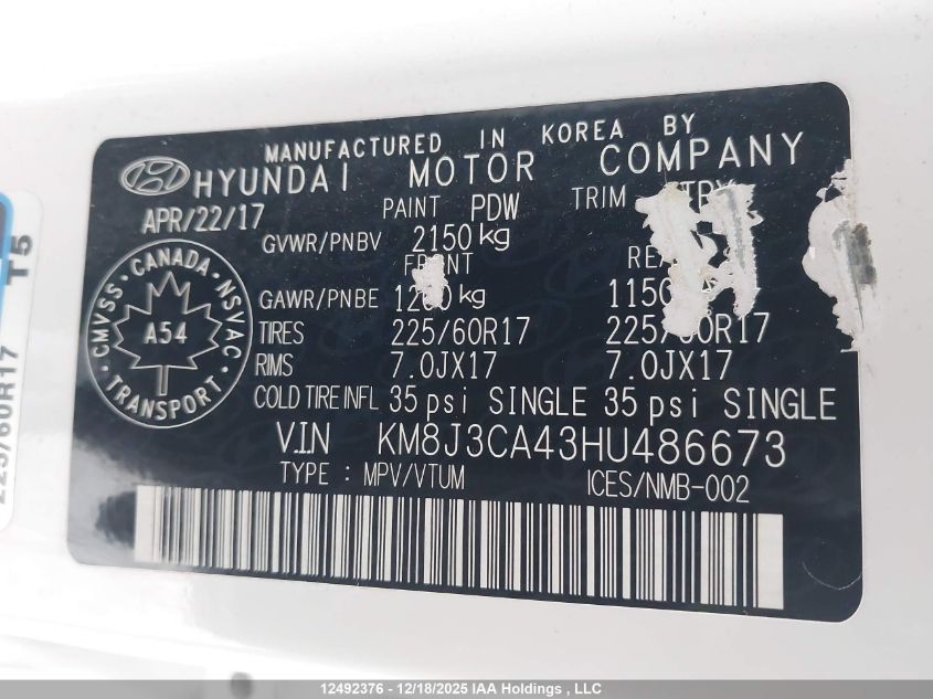 2017 Hyundai Tucson Limited/Sport And Eco/Se VIN: KM8J3CA43HU486673 Lot: 12492376