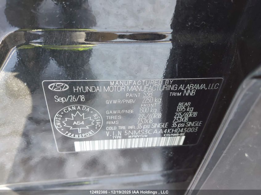 2019 Hyundai Santa Fe Sel/Sel Plus VIN: 5NMS3CAA4KH045003 Lot: 12492385