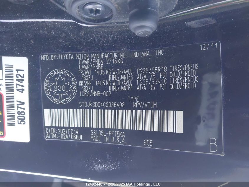 2012 Toyota Sienna Le 7 Passenger VIN: 5TDJK3DC4CS036408 Lot: 12492448