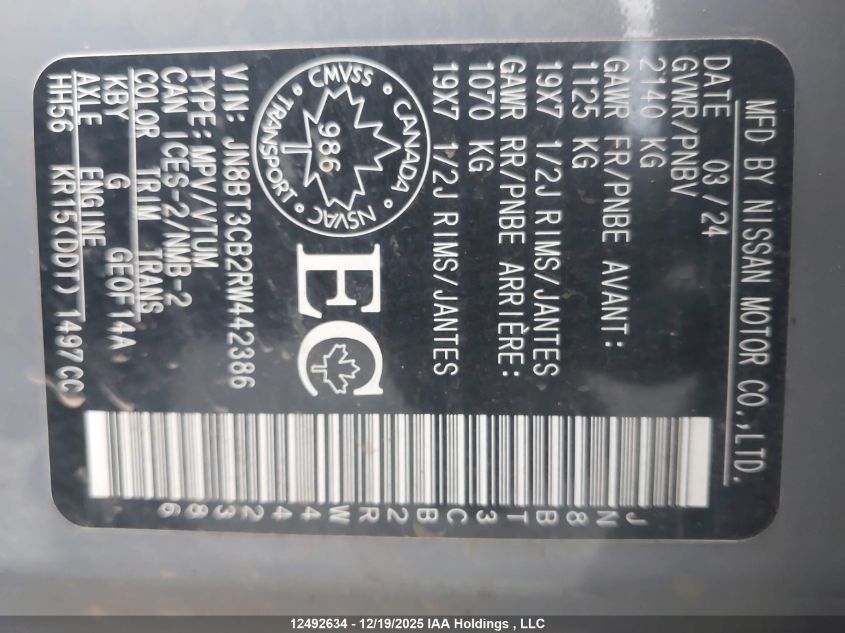 2024 Nissan Rogue Sl VIN: JN8BT3CB2RW442386 Lot: 12492634