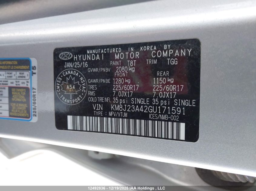 2016 Hyundai Tucson Se VIN: KM8J23A42GU171591 Lot: 12492836