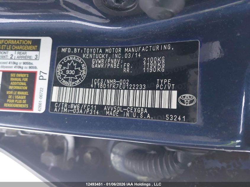 2014 Toyota Camry Hybrid/Le/Xle VIN: 4T1BD1FK7EU122233 Lot: 12493451