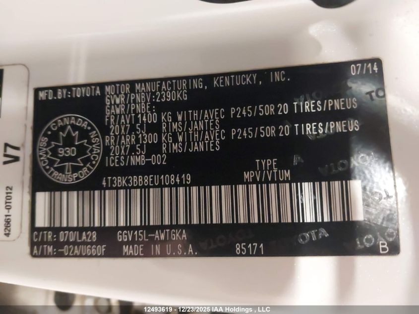 2014 Toyota Venza Le/Xle/Limited VIN: 4T3BK3BB8EU108419 Lot: 12493619