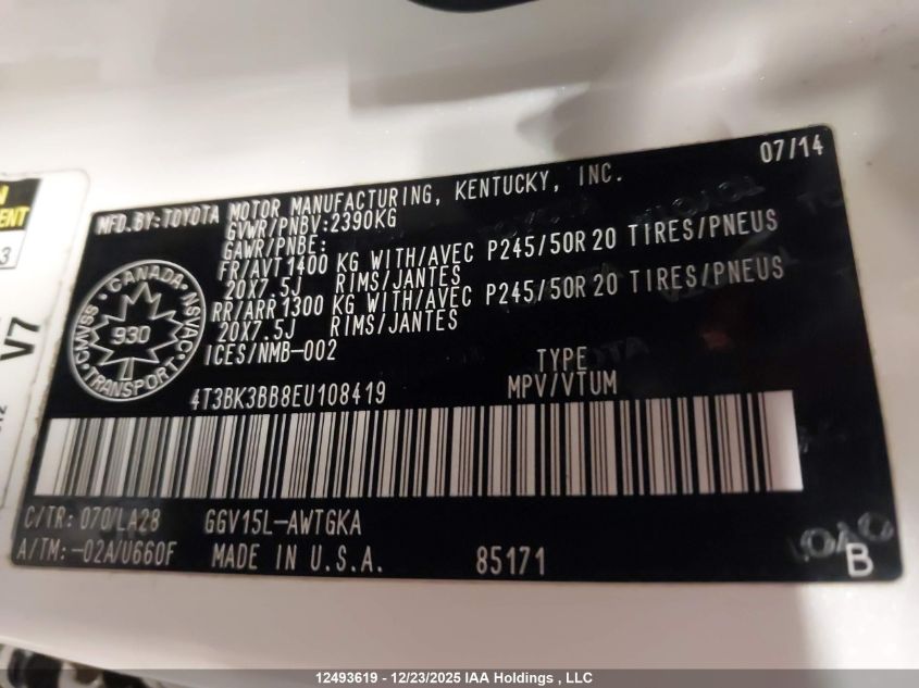 2014 Toyota Venza Le/Xle/Limited VIN: 4T3BK3BB8EU108419 Lot: 12493619