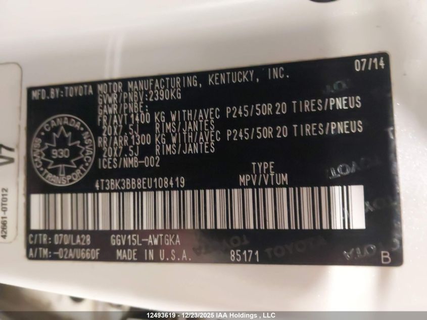 2014 Toyota Venza Le/Xle/Limited VIN: 4T3BK3BB8EU108419 Lot: 12493619