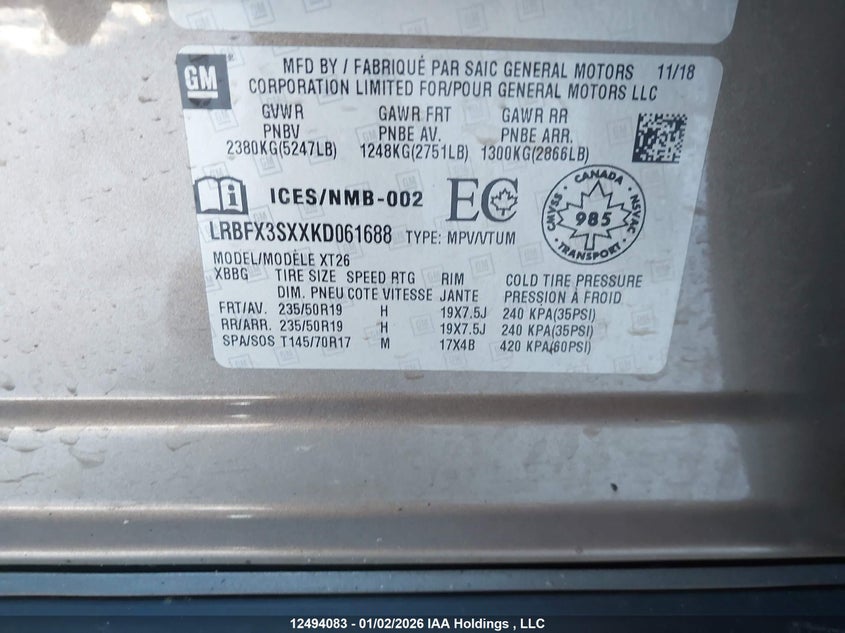 2019 Buick Envision Premium VIN: LRBFX3SXXKD061688 Lot: 12494083