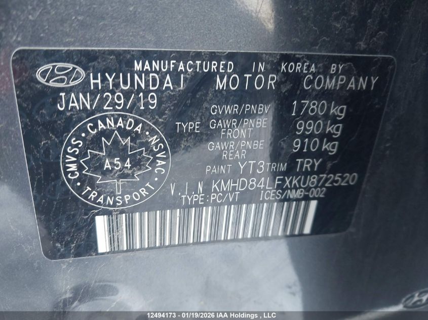 2019 Hyundai Elantra Preferred VIN: KMHD84LFXKU872520 Lot: 12494173