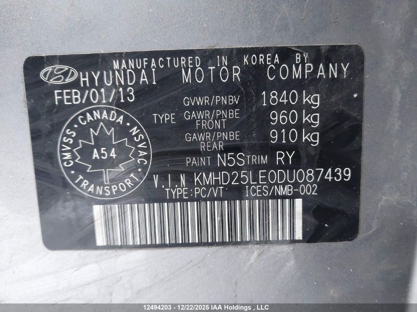 2013 Hyundai Elantra Gt VIN: KMHD25LE0DU087439 Lot: 12494203