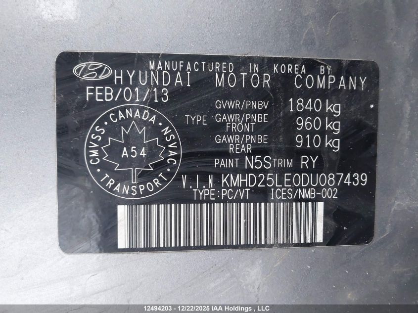 2013 Hyundai Elantra Gt VIN: KMHD25LE0DU087439 Lot: 12494203