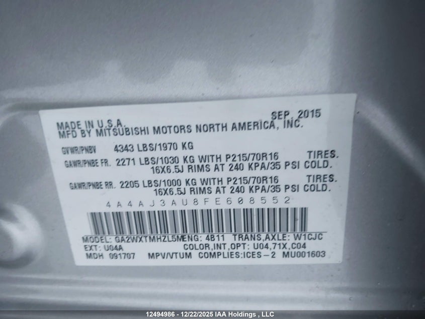 2015 Mitsubishi Rvr Se VIN: 4A4AJ3AU8FE608552 Lot: 12494986