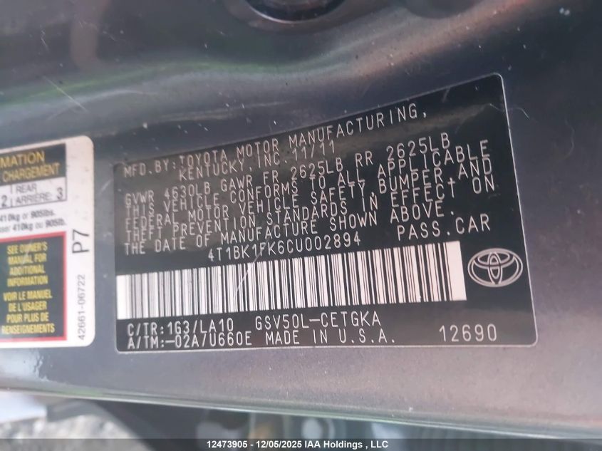 2012 Toyota Camry Xle V6 VIN: 4T1BK1FK6CU002894 Lot: 12473905X