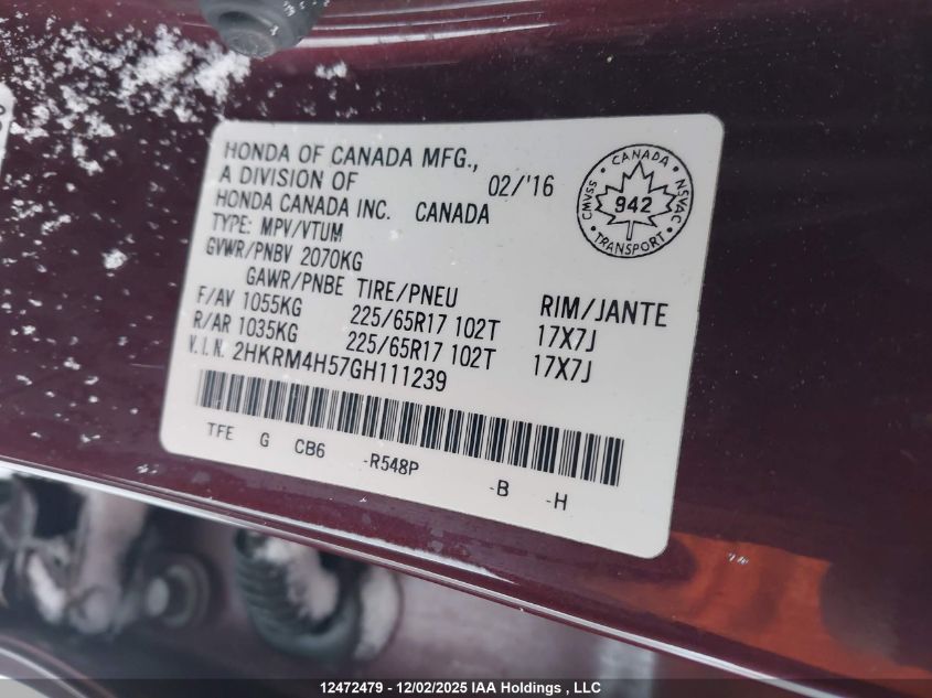 2016 Honda Cr-V Ex VIN: 2HKRM4H57GH111239 Lot: 12472479X