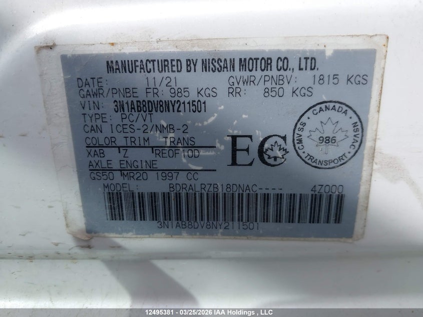 2022 Nissan Sentra Sr VIN: 3N1AB8DV8NY211501 Lot: 12495381